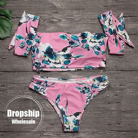 Sexy Pink Bikini Set Flower Print Bikinis Off Shoulder Top Low Waist
