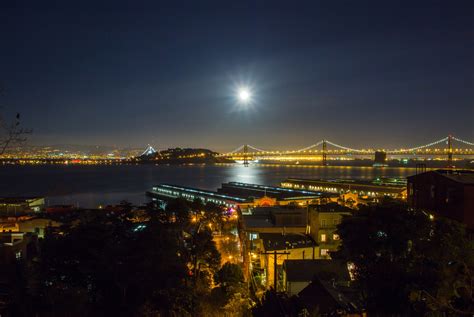 Night Time Cityscape View Of Oakland San Francisco Bay Bridge With Sky