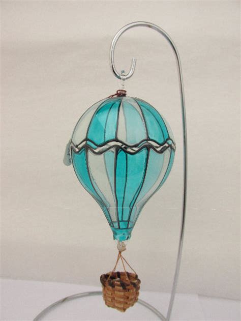 Blown Glass Hot Air Balloon Ornament Turquoise And White Etsy