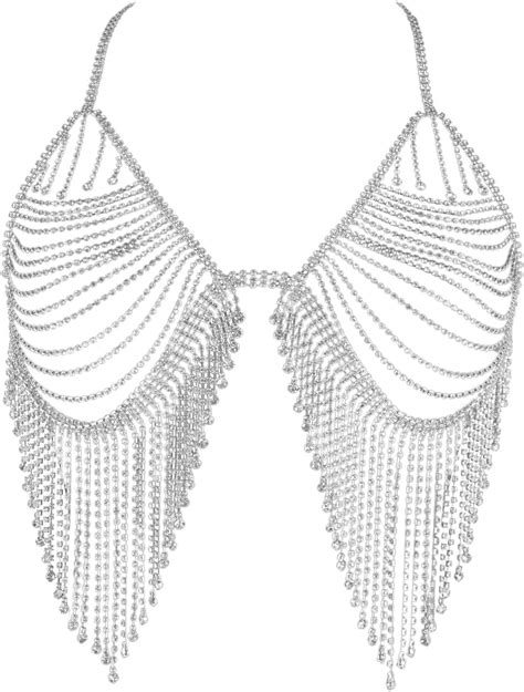 cuier tassel rhinestone chest chain bra body jewelry for women sexy silver bikini