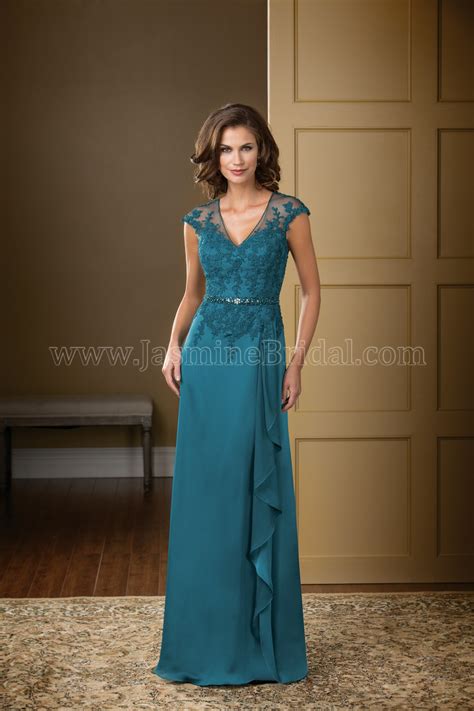 K178001 Long V-neck Satin Face Chiffon & Lace MOB Dress