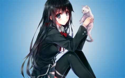 Wallpaper Cat Long Hair Anime Girls Stockings Black Hair Thigh Highs Skirt Gray Eyes