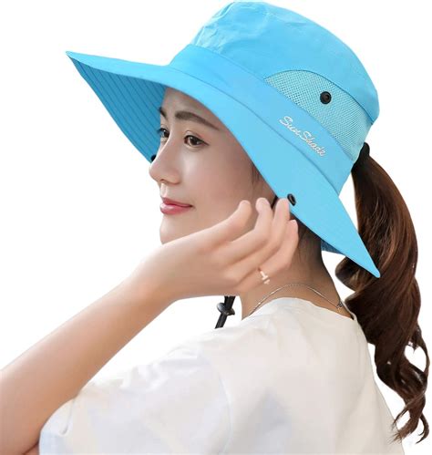 Women Sun Hat Uv Foldable Ponytail Hole Safari Beach Fishing Bucket Cap