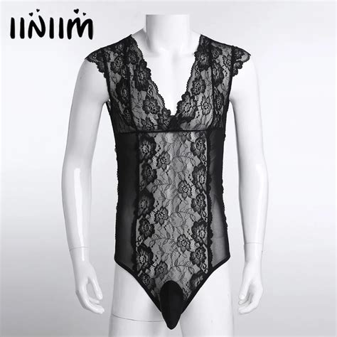 black sexy gay mens lingerie body suit sleeveless sheer floral lace sissy pouch one piece