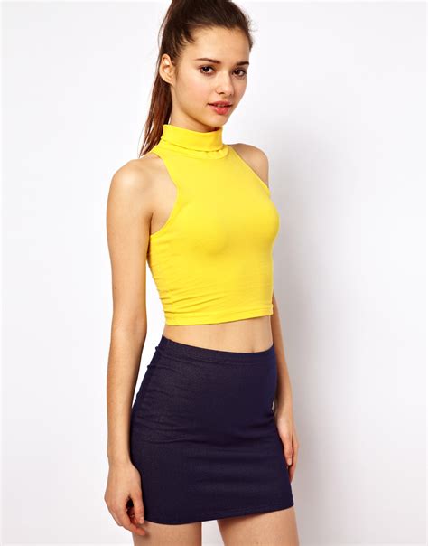 American Apparel Turtleneck Crop Top In Yellow Lyst