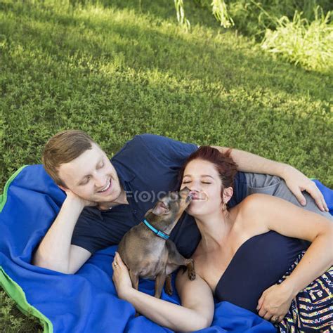 Chihuahua Dog Licking Woman Resting On Blue Rug With Man In Park