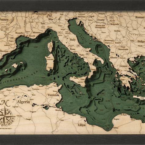 Mediterranean Sea Wooden Map Art Topographic 3d Chart
