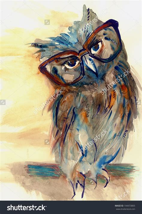 Wise Owl With Big Eyes In Hipster Glasses Animal Watercolor Painting