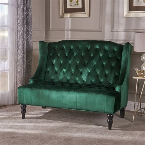 Noble House Lenore Traditional Tufted Winged Velvet Loveseat Emerald