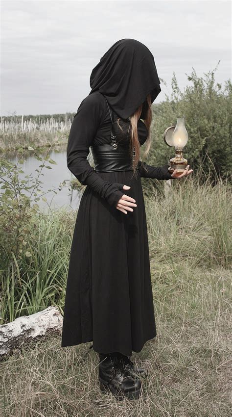Dark Fashion Halloween Goth Gothic Witch Witchy Occult Ritual Big Hood Black Dress Cloak Dark
