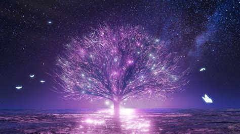 Download 1920x1080 Anime Landscape Sakura Blossom Lonely Tree Starry Sky Petals Scenery