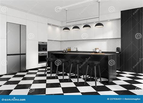 Industrial White And Black Kitchen With Breakfast Bar Stock Image