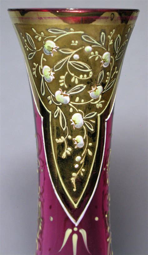 Victorian Moser Cranberry Art Glass Vase With Enameled And Gilded