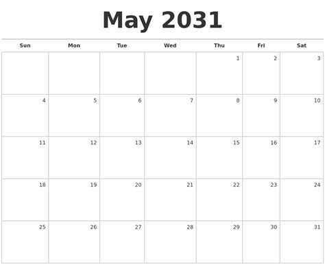 May 2031 Blank Monthly Calendar