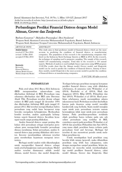 PDF Perbandingan Prediksi Financial Distress Menggunakan Model Altman