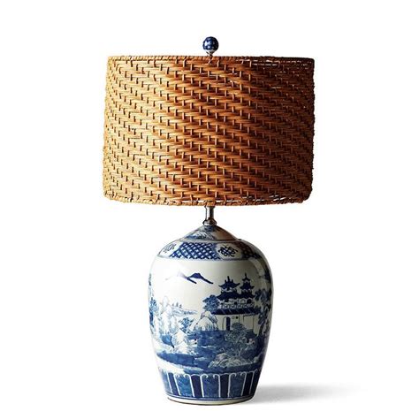 Blue And White Ming Table Lamp With Wicker Shade Frontgate In 2021