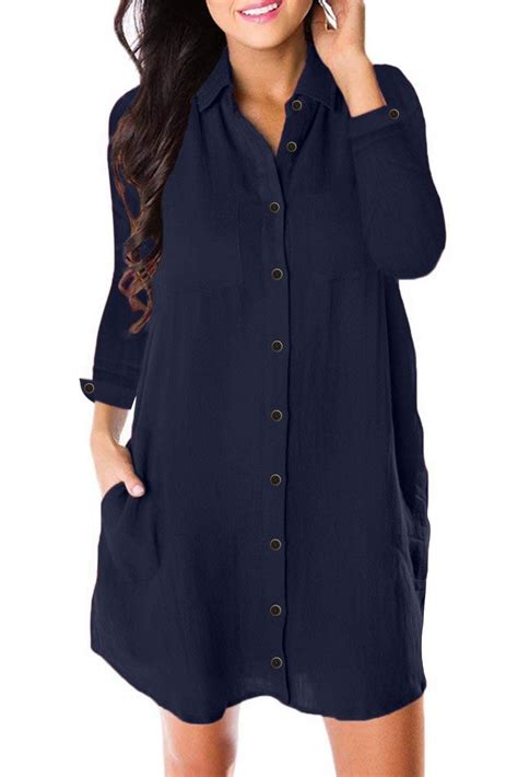 Navy Blue Long Sleeve Button Down Crepe Shirt Dress Modeshe Navy