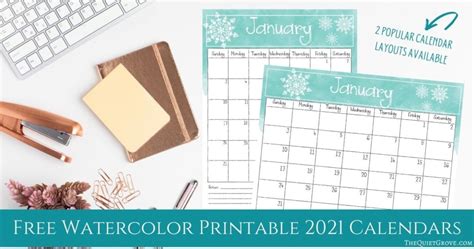 Free Water Color Printable 2021 Calendars ⋆ The Quiet Grove