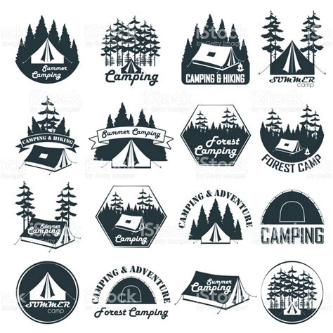 set of vintage camping emblems logos and badges camp tent in camping art vintage camping