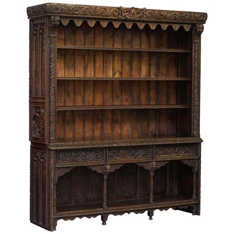 Large Gothic Revival Oak Bookcase With Burr Oak Doors And Hinged Dust