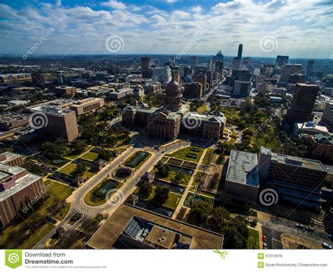 Aerial High View Over Texas State Capital Building With Austin Skyline