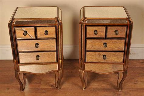 Pair of tall mahogany bedside tables featuring one top drawer with brass pulls over a recessed cupboard flanked by turned columns, circa 1840s. Mirrored Bedside Tables Art Deco Furniture Chests