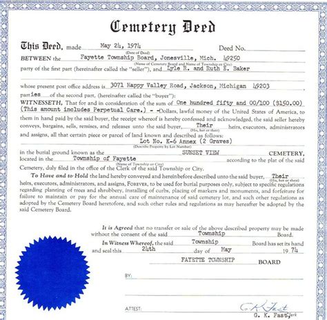 Ruth Baker And Lyle Baker Cemetery Deed