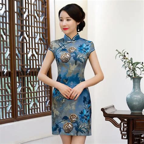 Hot Sale Female Qipao Floral Mandarin Collar Vantage Chinese Satin Slim Mini Dress Sexy Short