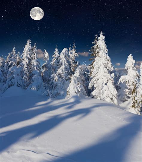 Winter Landscape In The Mountains With Full Moon Stock