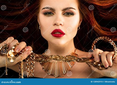 Woman With Gold Jewelry Luxurious Rich Model With Necklaces Ri Stock