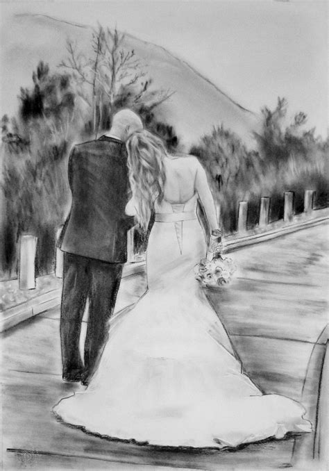 Bride Drawing Wedding Dress Charcoal Drawing Commission Custom