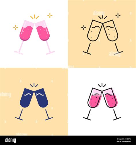 Two Champagne Glasses Clink Icon Set In Flat And Line Styles Romantic Or Celebration Symbol