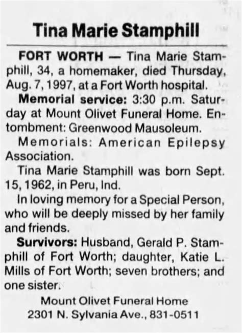 Obituary For Tina Marie Stamphill 1962 1997 Aged 34