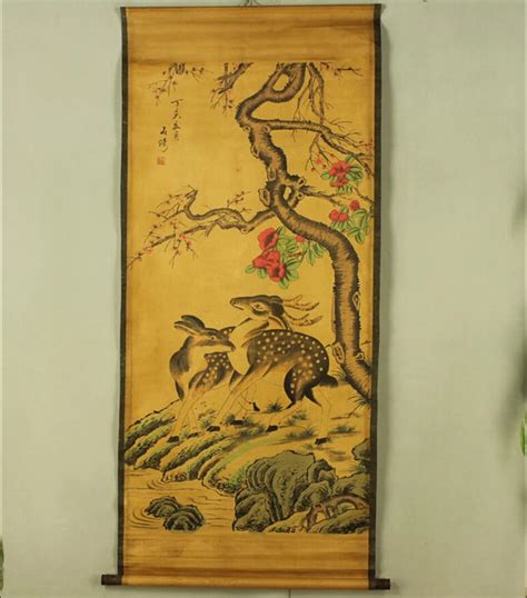 Antique Painting Traditional Chinese 2 Sika Deer Painting Scroll