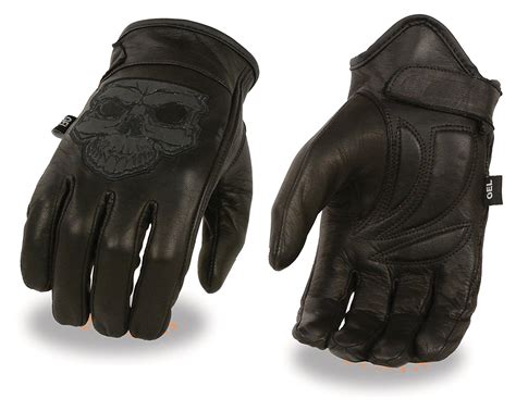 Mens Leather Motorcycle Glove W Reflective Skull Design And Gel Palm