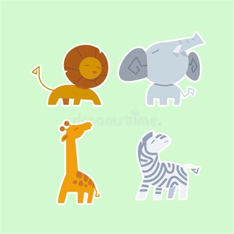 Cute Wild Animals Set Including Lion Zebra Giraffe And Elephant