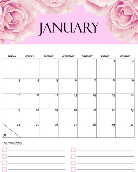January 2021 Floral Calendar Calendar Printables Monthly Calendar
