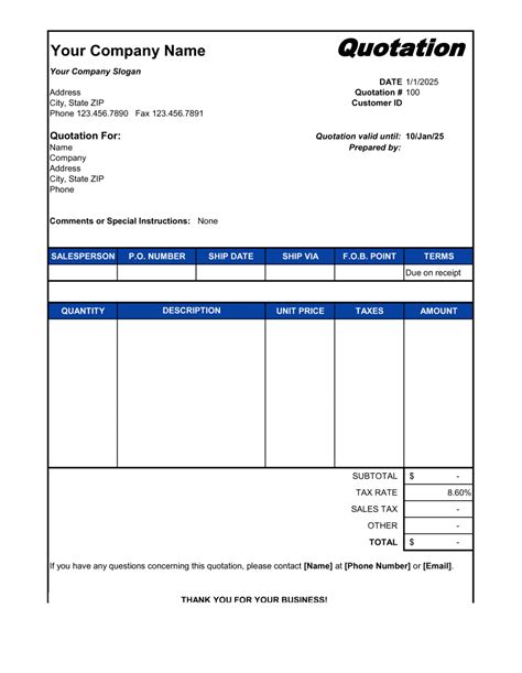 Price Quotation Form Excel Workbook Xls Flevypro Document Flevy