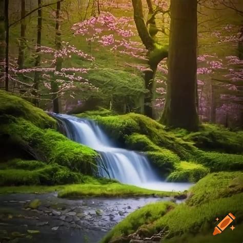 Path To A Magical Forest With Flowering Trees And Waterfall