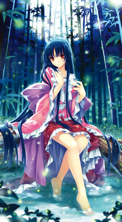 Safebooru 1girl Bamboo Barefoot Black Hair Blush Fireflies Highres Houraisan Kaguya Long Hair