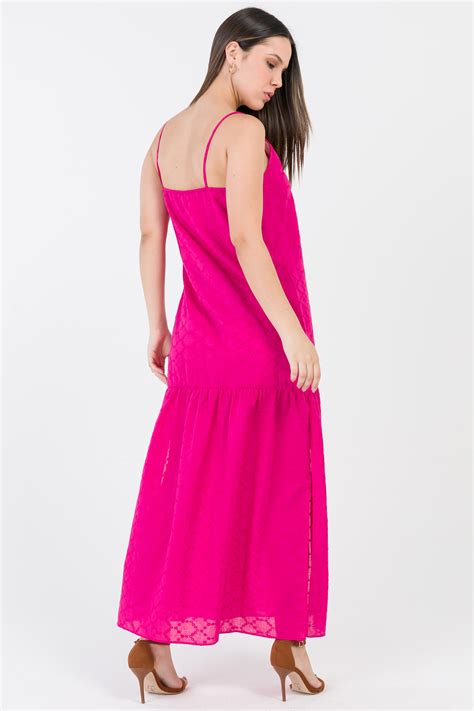 Vestido Longo Tecido Laise Algodão Pink Com Cinto Pks