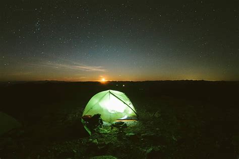 Hd Wallpaper Green Camping Tent With Light Inside At The Field During