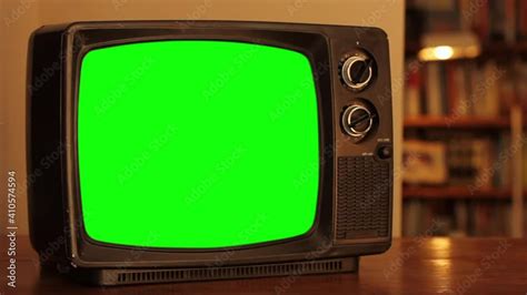 Old Tv Set Green Screen Close Up Zoom In You Can Replace Green