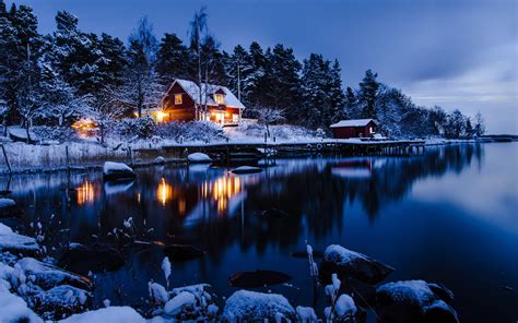 Winter Holiday Night At The Cottage In The Mountain