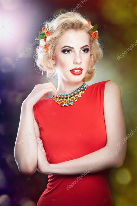 sexy blond woman in a red dress hairstyle beautiful female art portrait with roses elegance