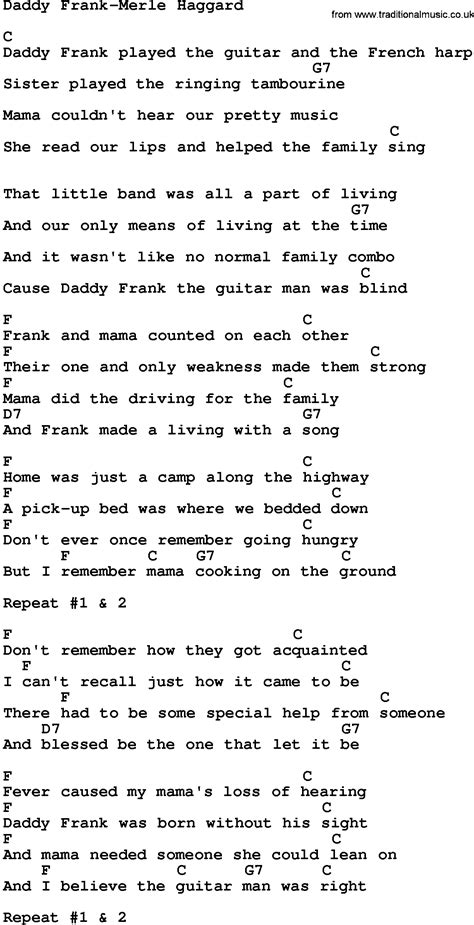 White lightning, the thunder rolls, blue eyes crying in the rain). Country Music:Daddy Frank-Merle Haggard Lyrics and Chords