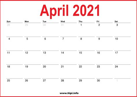 2021 April Calendar Printable Monthly Calendar