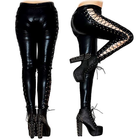 Femmes Sexy Noir Pvc Leggings Goth Fétiche Faux Cuir Pantalon à Lacets Cool Punk Rock Lumineux