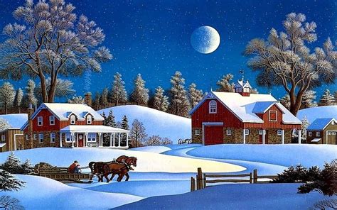 Snow Covered Cottages And A Sleigh At Night House Moon Snow Trees