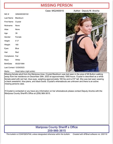 Missing female adult... - Mariposa County Sheriff's Office